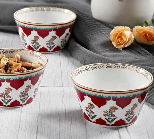 Blushed Orchard Ceramic Nikko Bowl Set, Set of 3 — Vitrified Tableware Angle 1 | Prince Ceramics Khurja