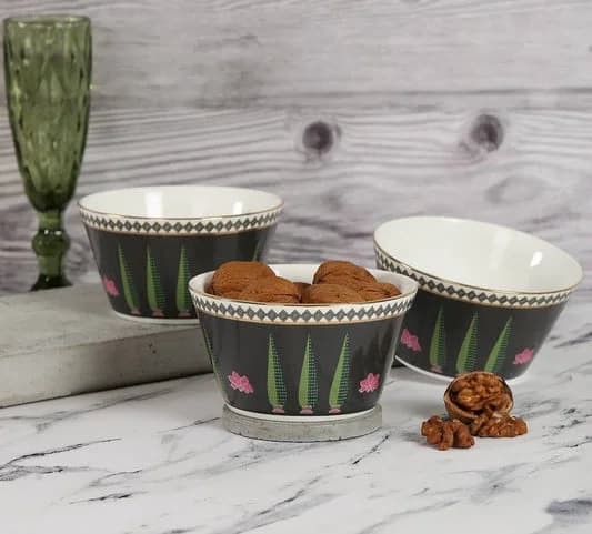 Cacatua Galerita's Realm Ceramic Nikko Bowl Set, Set of 3 — Vitrified Tableware Angle 1 | Prince Ceramics Khurja