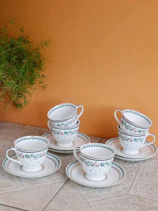 Emerald Ribbon King Ceramic Cup & Saucer Set, 160ml, Set of 12 — Vitrified Tableware Angle 2 | Prince Ceramics Khurja