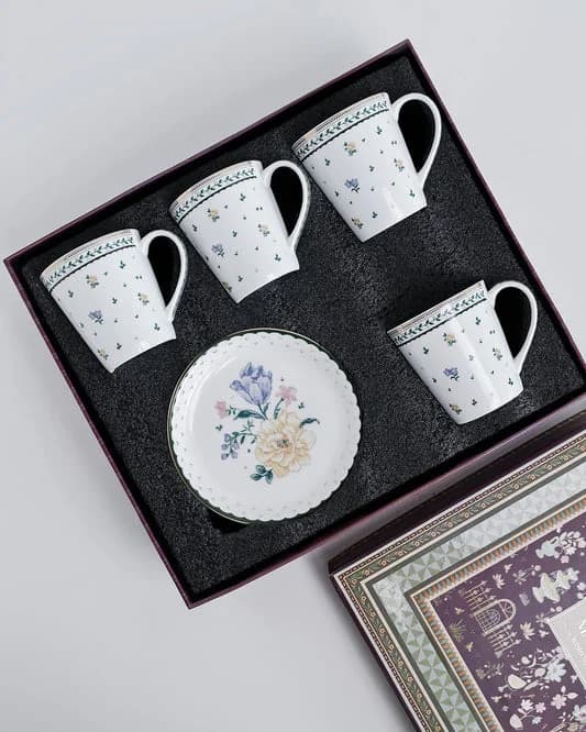 Emerald Ribbon Zing Coffee Mug with Dessert Plates Set of 8 Pcs (4 Mugs + 4 Plate) — Vitrified Tableware Angle 2 | Prince Ceramics Khurja