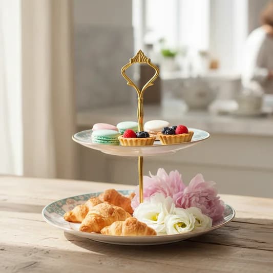 Regal Romance Two Tier Cake Stand, 1 piece — Vitrified Tableware Angle 1 | Prince Ceramics Khurja
