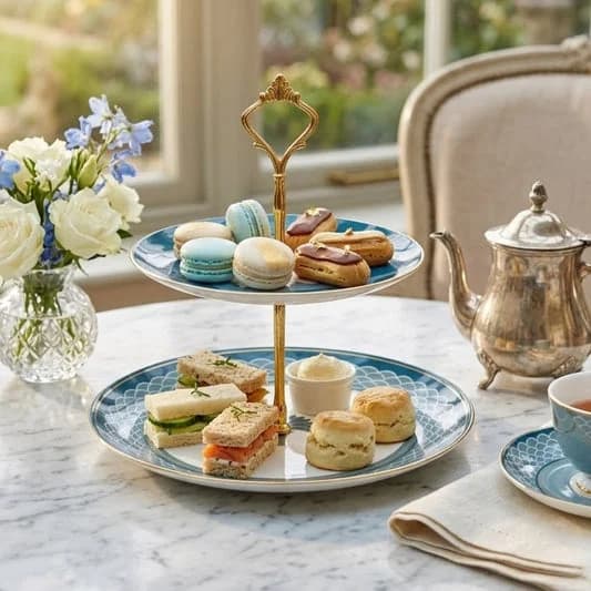 Oceanic Opulence Two Tier Cake Stand, 1 piece — Vitrified Tableware Angle 1 | Prince Ceramics Khurja