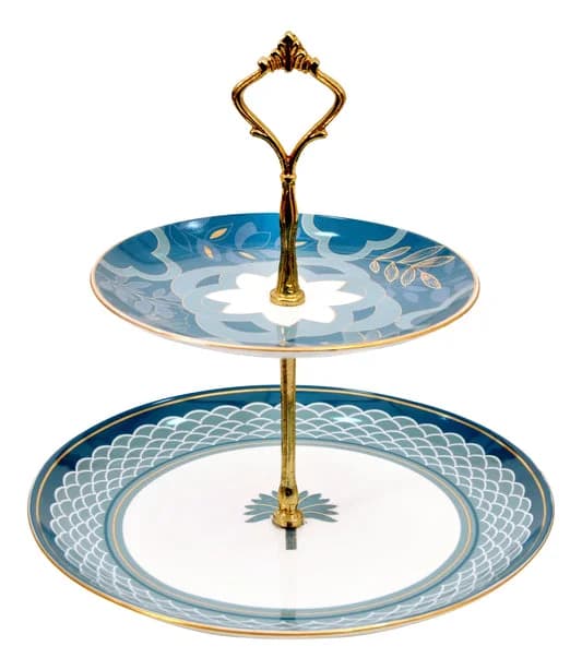 Oceanic Opulence Two Tier Cake Stand, 1 piece — Vitrified Tableware Angle 2 | Prince Ceramics Khurja