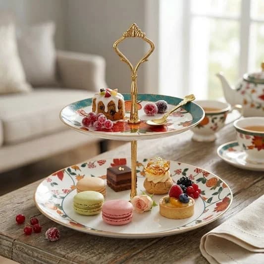 Blushed Orchard Two Tier Cake Stand, 1 piece — Vitrified Tableware Angle 1 | Prince Ceramics Khurja