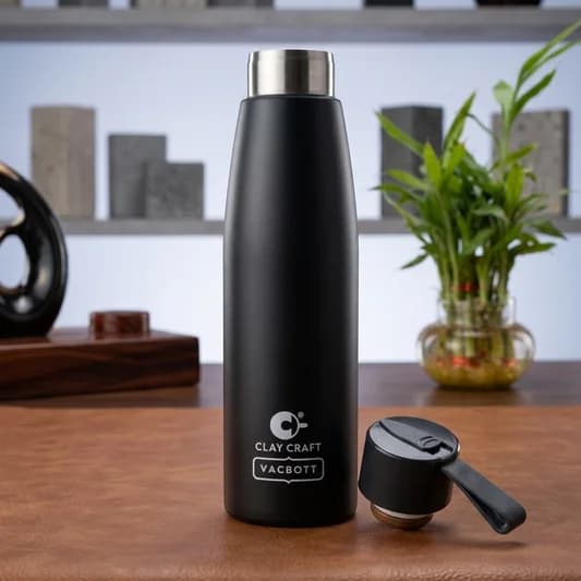 Alpha Vacuum Insulated Double Walled Water Bottle 18 Hrs Hot & 24 Hrs Cold Stainless Steel Flask, Premium Black Velvet Finish, BIS Certified, 500ml/700ml — Vitrified Tableware Angle 2 | Prince Ceramics Khurja