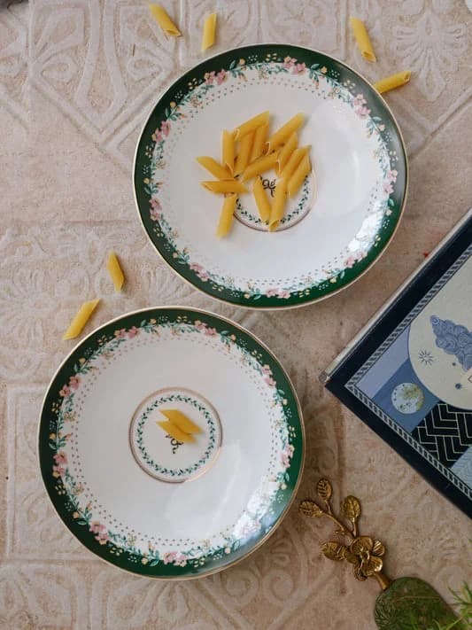 Emerald Ribbon Pasta Plate Set of 2 — Vitrified Tableware Angle 1 | Prince Ceramics Khurja