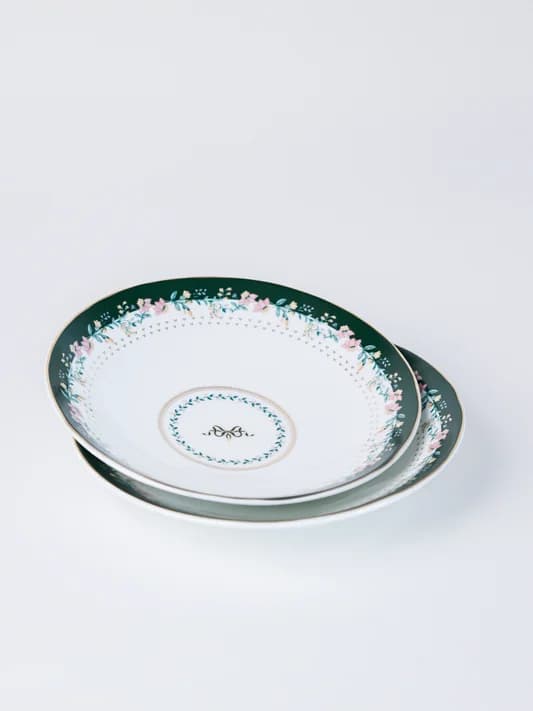 Emerald Ribbon Pasta Plate Set of 2 — Vitrified Tableware Angle 2 | Prince Ceramics Khurja