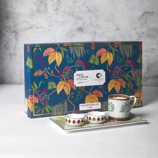 Grandeur Green Tea & Coffee Snack Set of 7 — Vitrified Tableware Angle 2 | Prince Ceramics Khurja