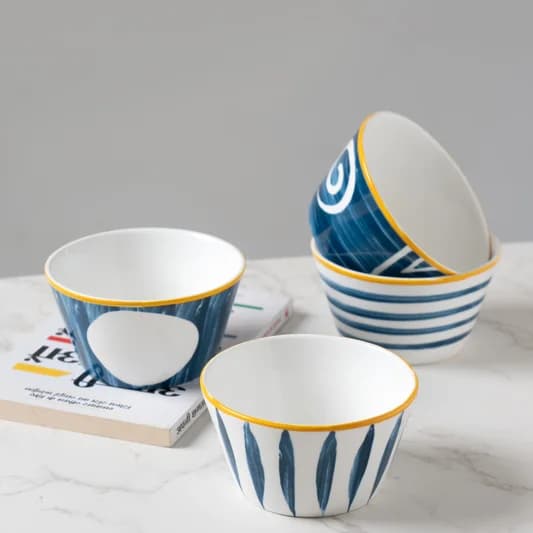 Nero Nikko Ceramic Japanese-Style Snack Bowl Set, Multicolor, Set of 4 — Commercial Vitrified Ceramic Tableware Khurja