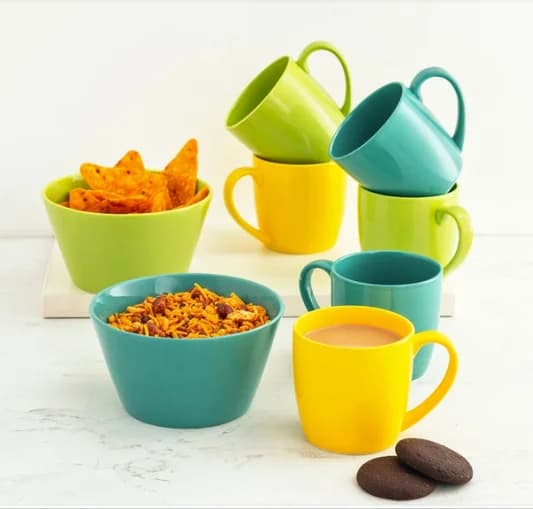 Munch Ceramic Snack Set, Multicolor (6 Mugs + 2 Bowls) — Commercial Vitrified Ceramic Tableware Manufactured in Khurja