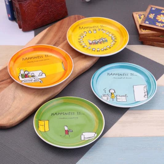 Happiness Ceramic Mini Snack Plates, 5.5-inch, Set of 4 — Vitrified Tableware Angle 1 | Prince Ceramics Khurja