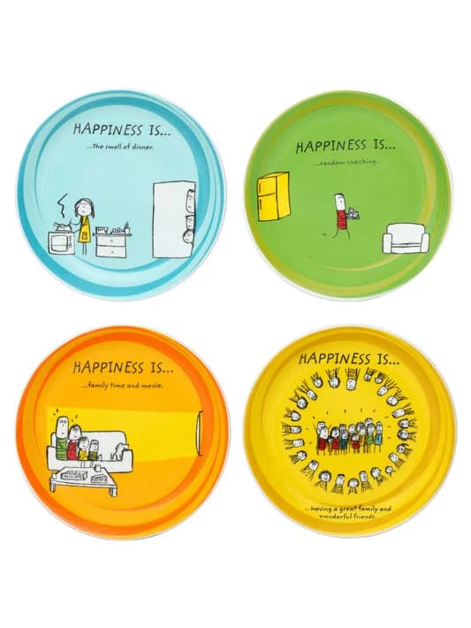Happiness Ceramic Mini Snack Plates, 5.5-inch, Set of 4 — Vitrified Tableware Angle 2 | Prince Ceramics Khurja