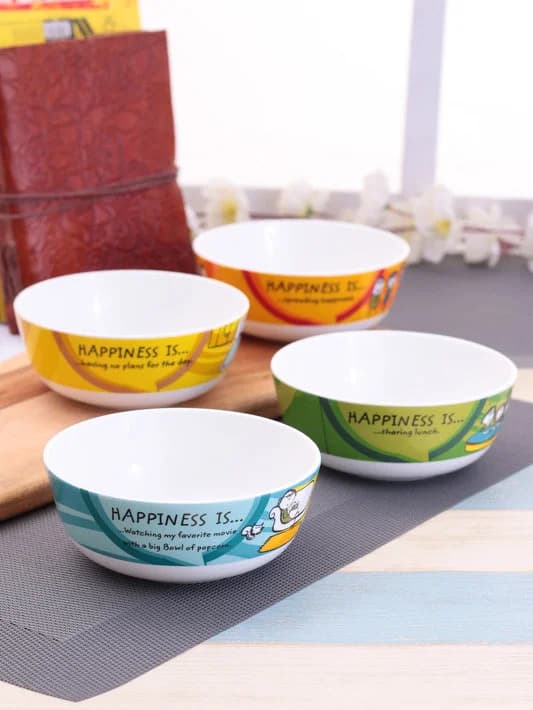 Happiness Ceramic Snack & Cereal Bowl Set, 5-inch, Set of 4 — Vitrified Tableware Angle 1 | Prince Ceramics Khurja
