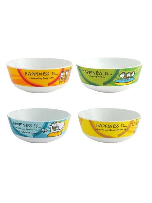 Happiness Ceramic Snack & Cereal Bowl Set, 5-inch, Set of 4 — Vitrified Tableware Angle 2 | Prince Ceramics Khurja