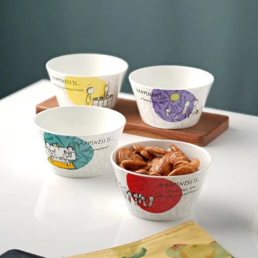 Happiness Nikko Japanese Style Snack & Cereal Bowl Set of 4 (Delight) — Vitrified Tableware Angle 1 | Prince Ceramics Khurja