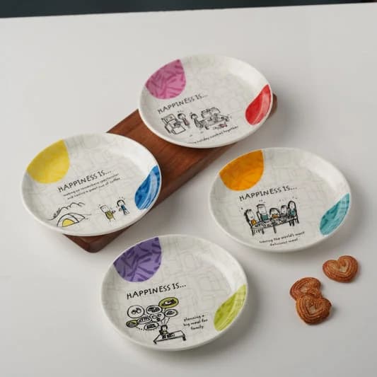 Happiness Ceramic Mini Snack Plates, Delight, 5.5-inch, Set of 4 — Vitrified Tableware Angle 1 | Prince Ceramics Khurja