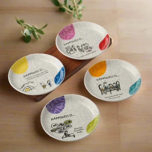 Happiness Ceramic Mini Snack Plates, Delight, 5.5-inch, Set of 4 — Vitrified Tableware Angle 2 | Prince Ceramics Khurja