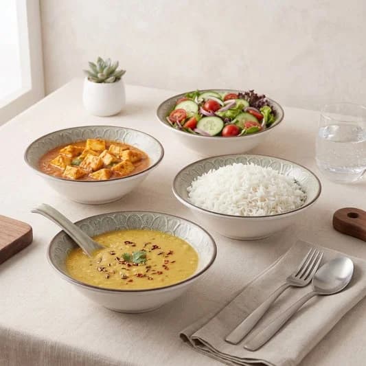 Fine Porcelain Medium Snack Bowl for Family of 4 | Aroma Textures | Glossy Finish Home, Office & Gifting (4 Pieces) — Vitrified Tableware Angle 1 | Prince Ceramics Khurja