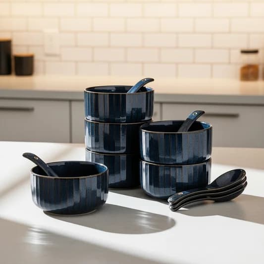 Pebble Mid Night Blue Ravonna Soup Bowl 350 ml Gift Set of 12 Pcs — Commercial Vitrified Ceramic Tableware Khurja