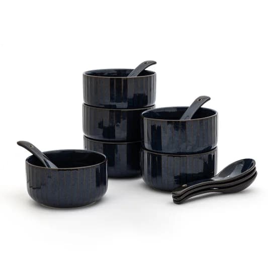 Pebble Mid Night Blue Ravonna Soup Bowl 350 ml Gift Set of 12 Pcs — Vitrified Tableware Angle 2 | Prince Ceramics Khurja