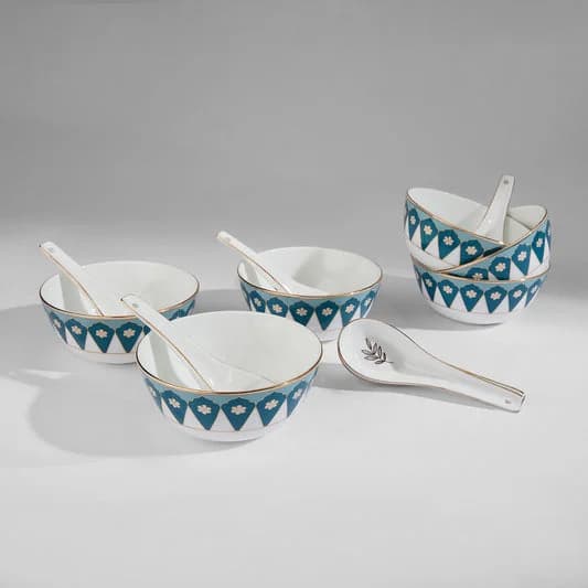 Oceanic Opulence Georgian Soup Bowl Set of 12 Pcs — Vitrified Tableware Angle 2 | Prince Ceramics Khurja