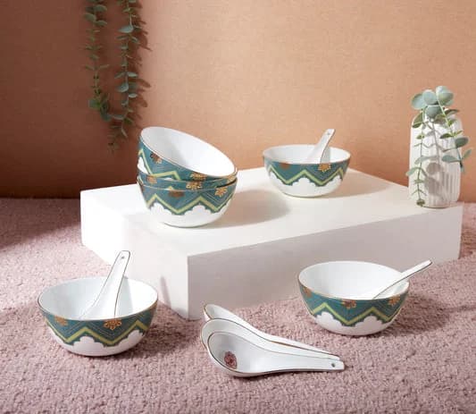 Grandeur Greens Ceramic Soup Bowl Set, Set of 12 — Commercial Vitrified Ceramic Tableware Khurja