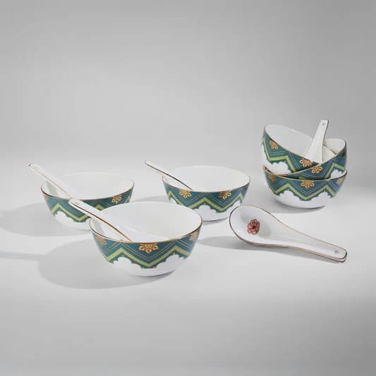 Grandeur Greens Ceramic Soup Bowl Set, Set of 12 — Vitrified Tableware Angle 2 | Prince Ceramics Khurja