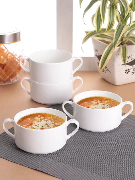 Basics Ceramic Stacko Soup Bowl with Handle, Plain White, Set of 4 — Commercial Vitrified Ceramic Tableware Manufactured in Khurja