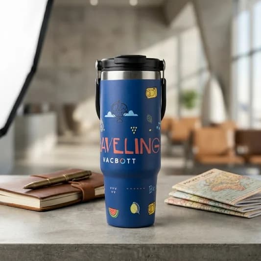 Vacuum EverSip® Wanderlust Tumbler with Top Lid Handle 900 ml with Dual Flip Opening Sip-Swig Leakproof Lid — Vitrified Tableware Angle 2 | Prince Ceramics Khurja