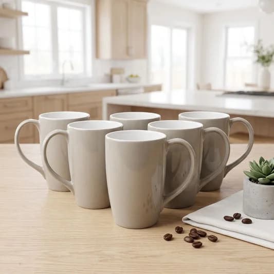 Porcelain Coffee Mug (Set of 6) Textures Ground Glossy Finish Mugs for Home, Office & Gifting, 270 ml — Commercial Vitrified Ceramic Tableware Khurja