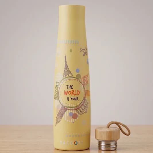 Vivid Titan Vacuum Insulated Wanderlust Double Walled Printed 18 Hrs Hot & 24 Hrs Cold, BIS Certified, Stainless Steel Flask 650 ml — Vitrified Tableware Angle 2 | Prince Ceramics Khurja
