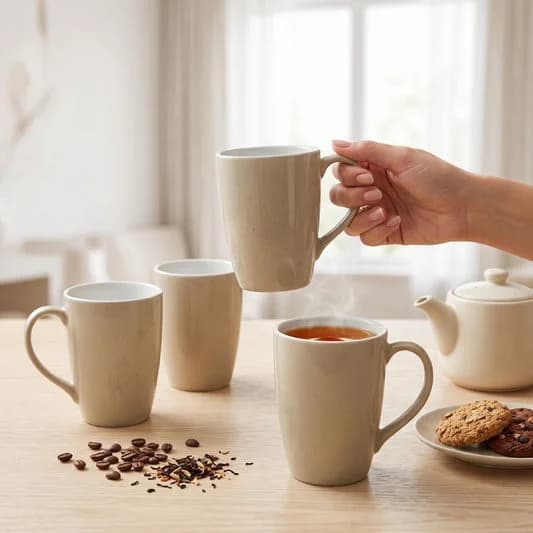 Porcelain Coffee Mug (Set of 4) Textures Aroma Glossy Finish Mugs for Home, Office & Gifting, 270 ml — Vitrified Tableware Angle 2 | Prince Ceramics Khurja