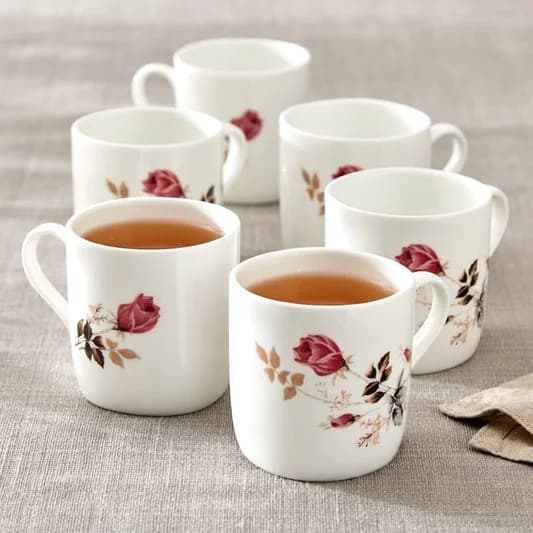 Asian Microwave Safe Floral Coffee & Tea Mugs, 200ml, Set of 6 (MW082) — Commercial Vitrified Ceramic Tableware Manufactured in Khurja