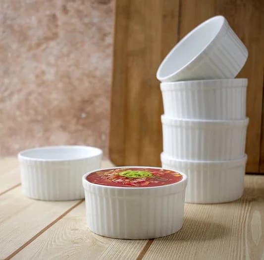 Basics Ceramic Ramekin Soufflé Dish, 180ml, Set of 6 — Vitrified Tableware Angle 1 | Prince Ceramics Khurja