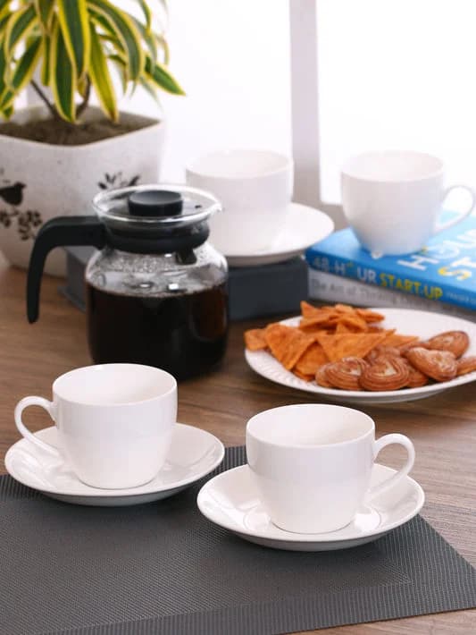 Basics Ceramic Cup & Saucer Set, Cream, 170ml, Plain White, Set of 12 — Commercial Vitrified Ceramic Tableware Manufactured in Khurja