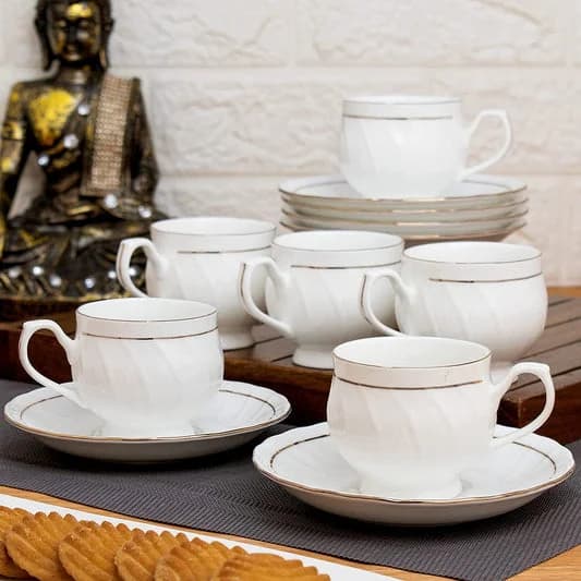Karina Cup & Saucer, 155ml, Set of 12 (6 Cups + 6 Saucers) Goldline 110 — Commercial Vitrified Ceramic Tableware Manufactured in Khurja