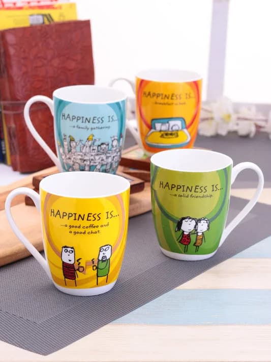 Happiness Is... Oxford Big Coffee & Milk Mug 310ml, Set of 4 — Vitrified Tableware Angle 1 | Prince Ceramics Khurja