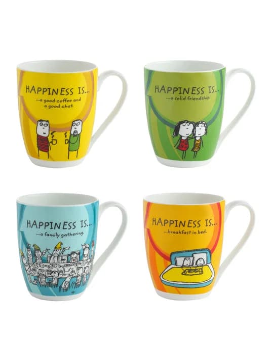 Happiness Is... Oxford Big Coffee & Milk Mug 310ml, Set of 4 — Vitrified Tableware Angle 2 | Prince Ceramics Khurja
