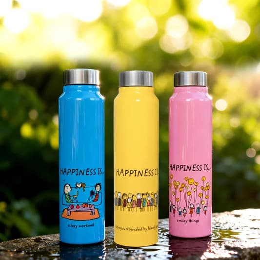 Happiness is... Single Walled Non Insulated Water Bottle — Vitrified Tableware Angle 1 | Prince Ceramics Khurja