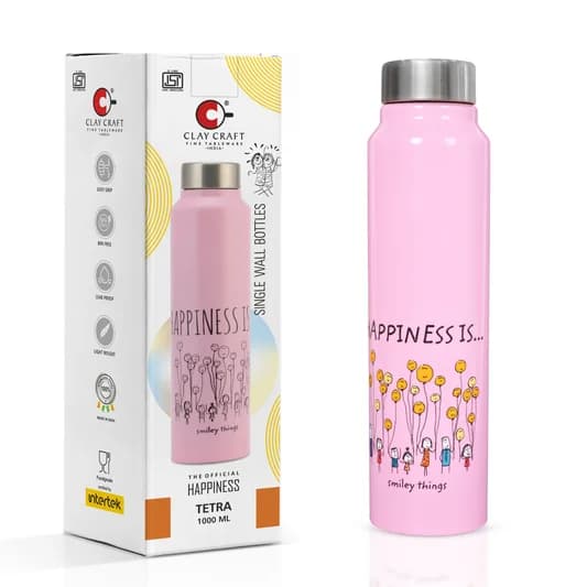 Happiness is... Single Walled Non Insulated Water Bottle — Vitrified Tableware Angle 2 | Prince Ceramics Khurja