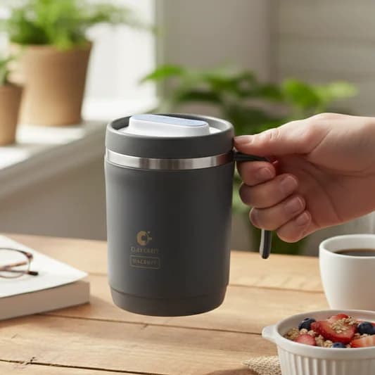 Dyona Mug 400ml – PUF Insulated Double Walled | Leak-Proof Travel Mug — Vitrified Tableware Angle 2 | Prince Ceramics Khurja