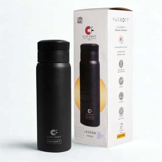 Legend Apex One-Touch Lid Vacuum Insulated Double Walled Water Bottle 18 Hrs Hot & 24 Hrs Cold Stainless Steel Flask, BIS Certified, 550ml — Vitrified Tableware Angle 2 | Prince Ceramics Khurja