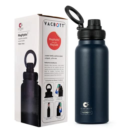 MagHydro™, MagSafe Compatible Vacuum Insulated Double Walled Water Bottle 18 Hrs Hot & 24 Hrs Cold, Phone Stand, Tripod, Stainless Steel Flask, BIS Certified, 700ml — Vitrified Tableware Angle 2 | Prince Ceramics Khurja