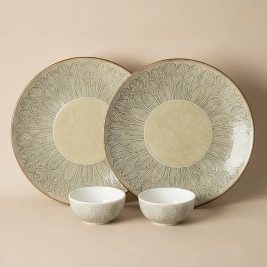 Textures Aroma Porcelain Dinner Set, 4-Piece (2 Plates + 2 Bowls) — Commercial Vitrified Ceramic Tableware Khurja