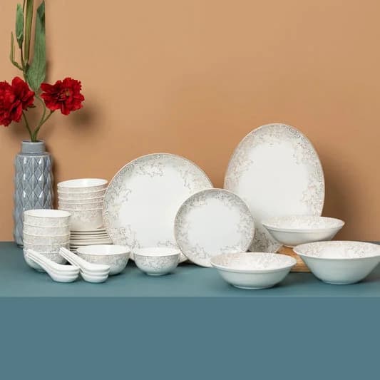 Urmi Crysta Ceramic Dinner Set, 34-Piece (CR401), For Family of 6 — Commercial Vitrified Ceramic Tableware Manufactured in Khurja