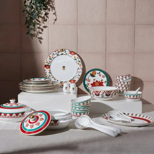 Blushed Orchard Ceramic Dinner Set, 40-Piece — Vitrified Tableware Angle 1 | Prince Ceramics Khurja
