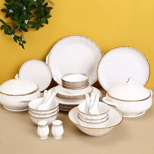 Karina Gold Line Ceramic Dinner Set, 18-Piece, For Family of 4 — Vitrified Tableware Angle 1 | Prince Ceramics Khurja