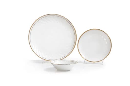 Karina Gold Line Ceramic Dinner Set, 18-Piece, For Family of 4 — Vitrified Tableware Angle 2 | Prince Ceramics Khurja