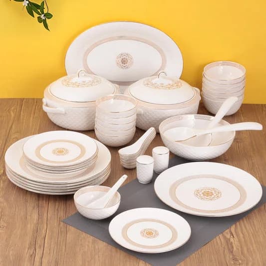 Ripple Ebony Ceramic Dinner Set, Dreamer 22K Gold, 40-Piece — Commercial Vitrified Ceramic Tableware Manufactured in Khurja