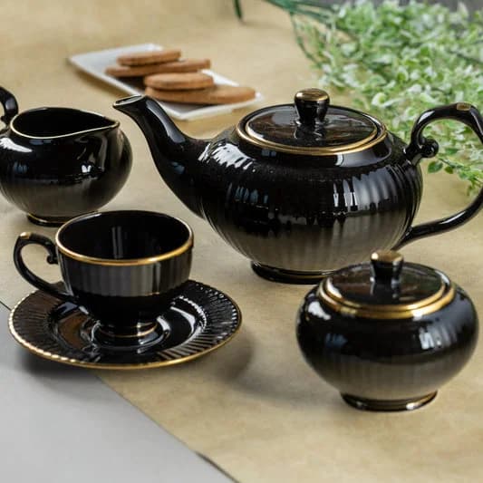 Julie Impression Luxurious 1401 Black Tea Set of 15 — Commercial Vitrified Ceramic Tableware Khurja